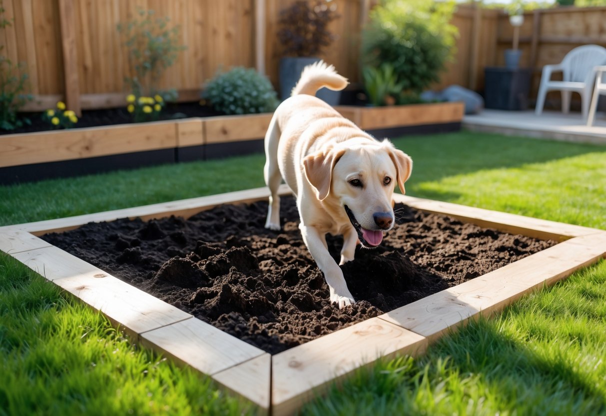 A dog digging in a designated loose soil area in a backyard, surrounded by green grass and garden elements.