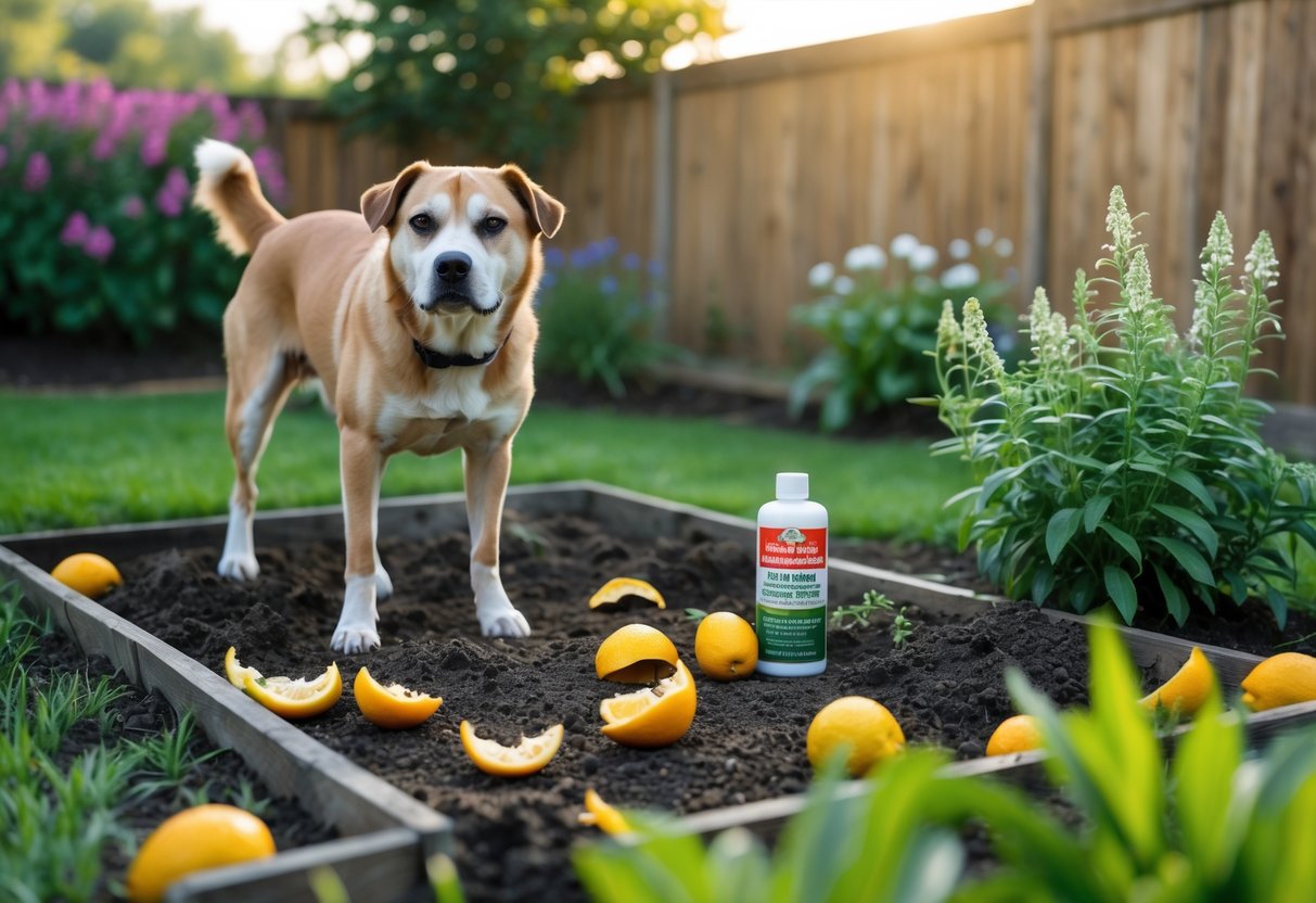 A dog standing calmly in a backyard garden with citrus peels and a container of dog repellent placed around the soil beds.