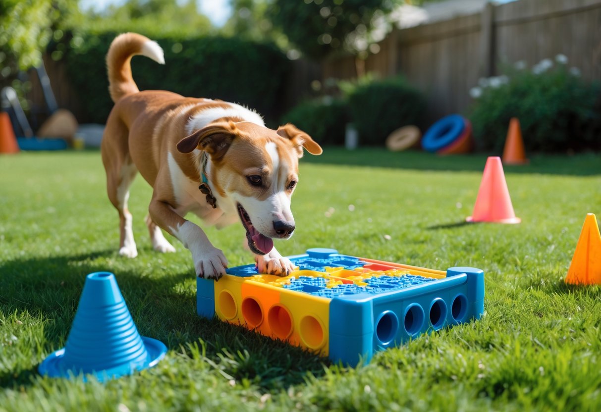 A happy dog playing with a puzzle toy in a green backyard surrounded by training tools.