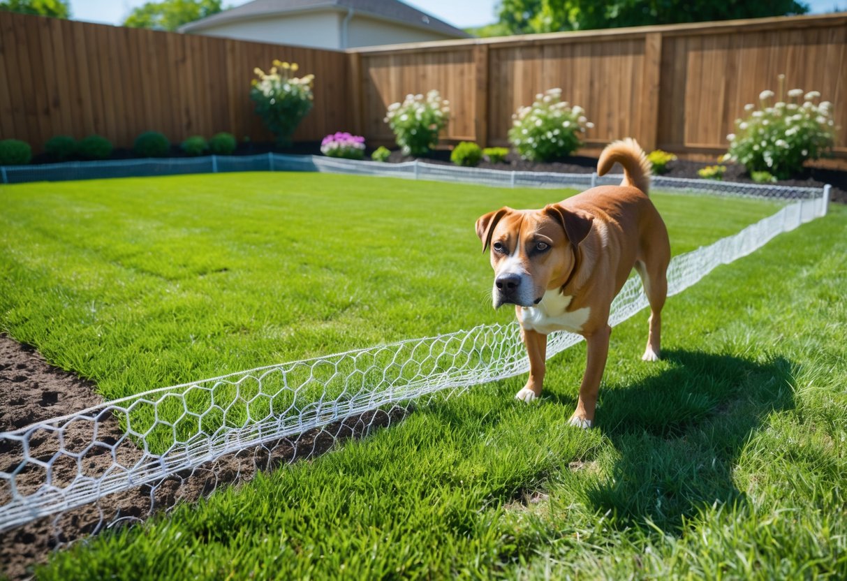 A dog near chicken wire and buried fencing in a backyard with green grass and flower beds.