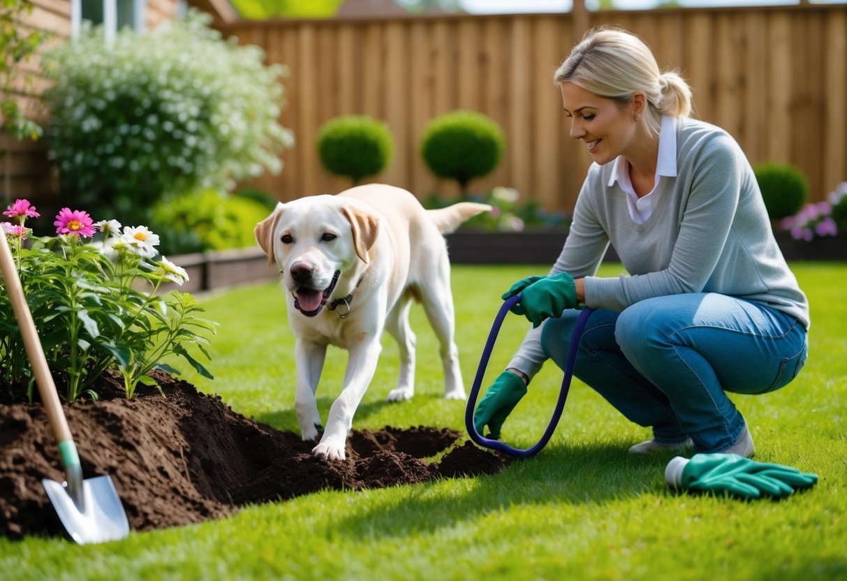 A dog digging in a backyard near a flower bed while its owner gently redirects its attention.