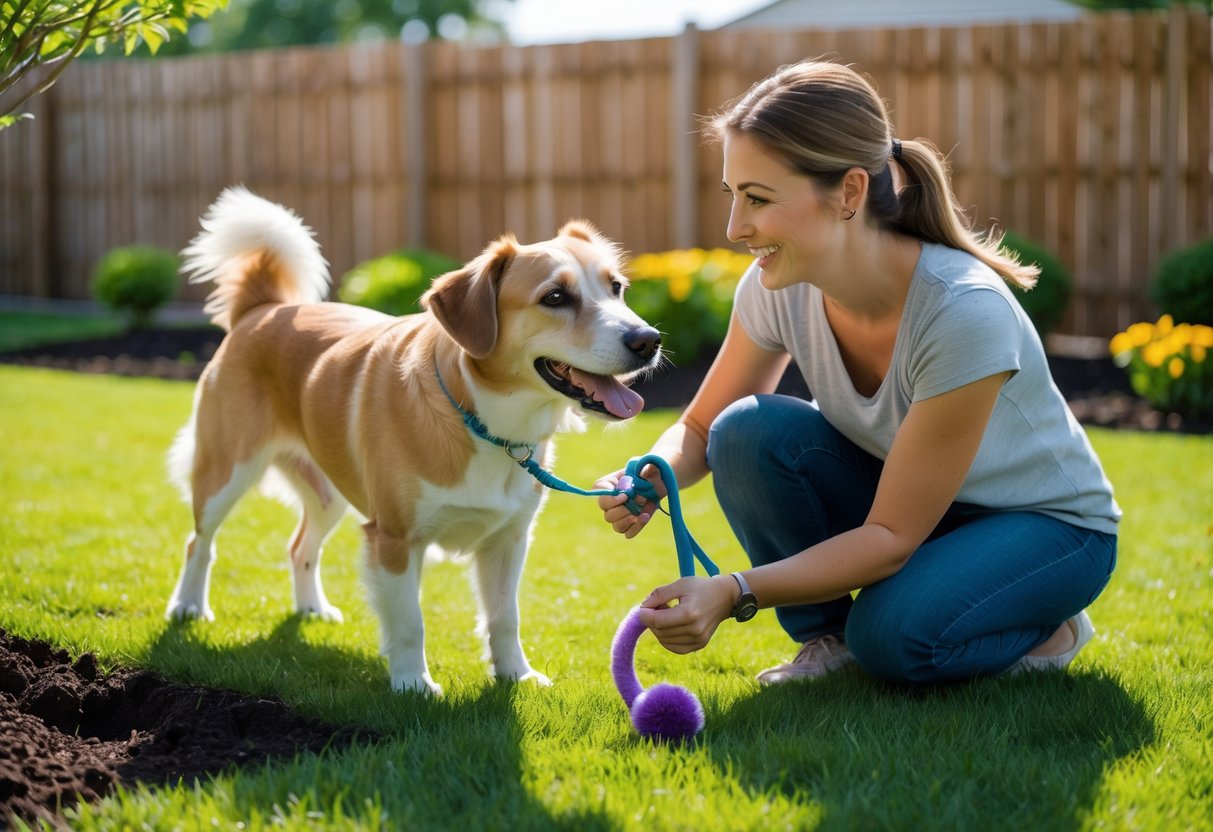 A person kneeling beside a dog in a green backyard, holding a leash and a toy, with no signs of digging in the yard.