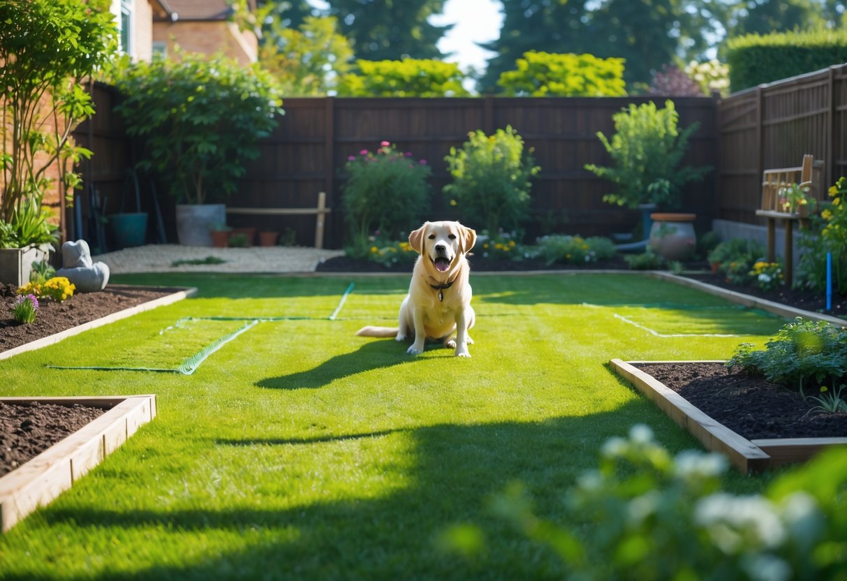 A dog sitting calmly in a well-kept backyard with green grass and garden barriers visible around the yard.
