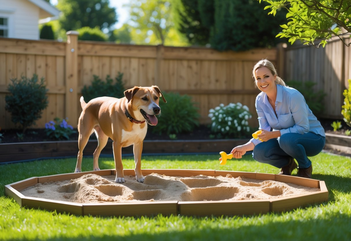 A person kneeling in a backyard next to a dog digging in a designated area surrounded by garden plants and a wooden fence.