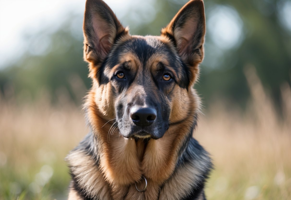 Close-up of a German Shepherd dog showing five different skin problems on its ears, neck, flank, paws, and muzzle.
