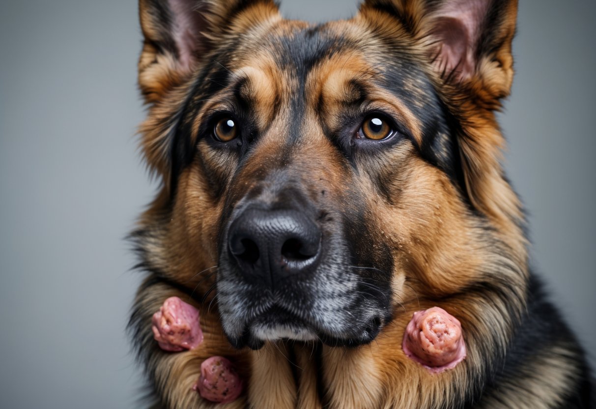 Close-up of a German Shepherd dog's skin showing pustules and inflammation from a bacterial skin infection.