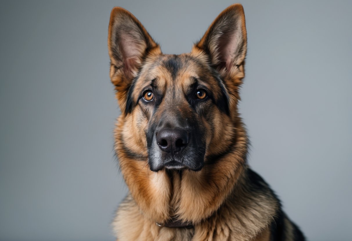 Close-up of a German Shepherd dog showing irritated skin and redness around its neck and ears.