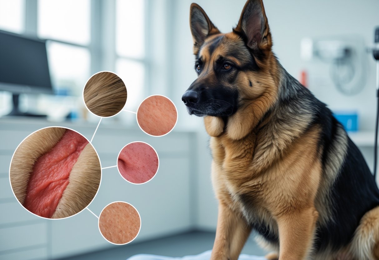 Close-up of a German Shepherd dog with visible irritated and moist skin patches showing signs of dermatitis.