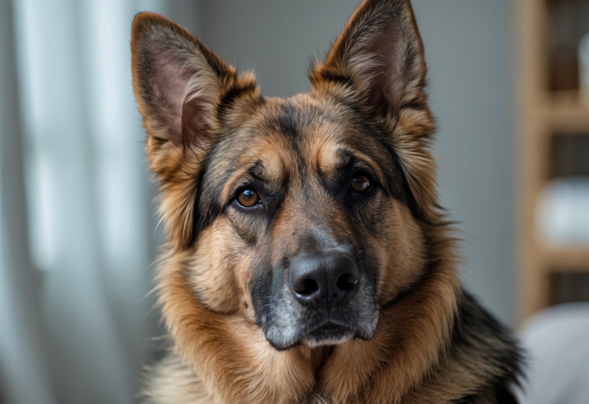 Close-up of a German Shepherd dog with patchy fur and irritated skin, scratching itself.