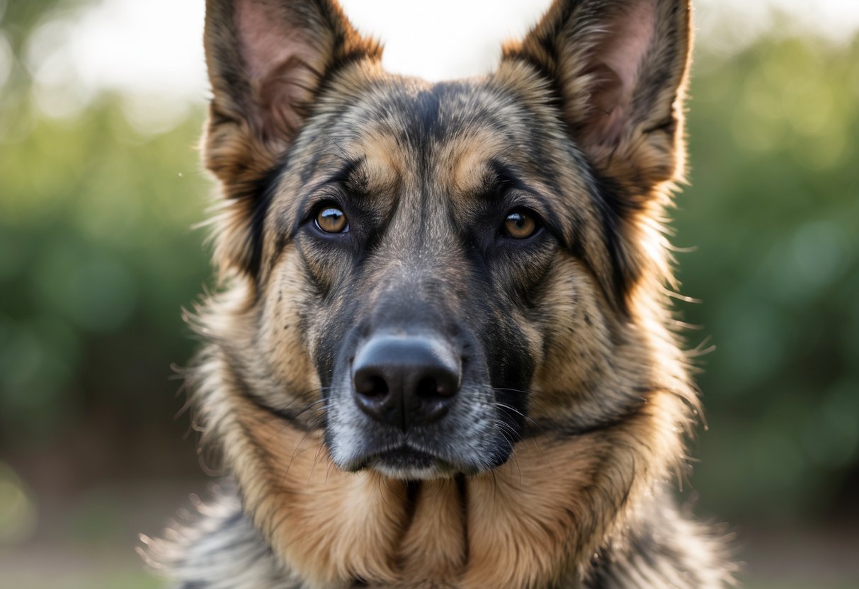 Close-up of a German Shepherd dog with dry, flaky skin on its face and neck, outdoors with blurred green background.