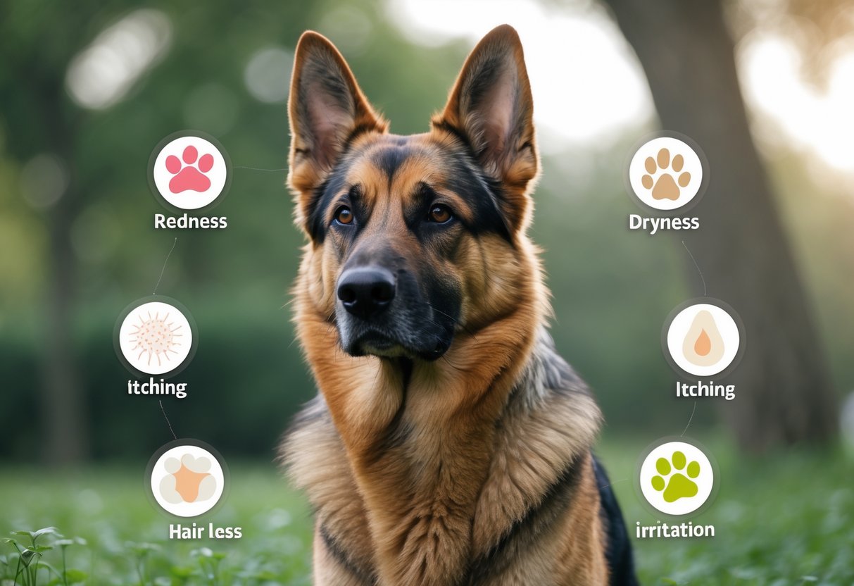 An adult German Shepherd dog standing outdoors with clear focus on its coat, surrounded by subtle visual highlights indicating common skin problems.