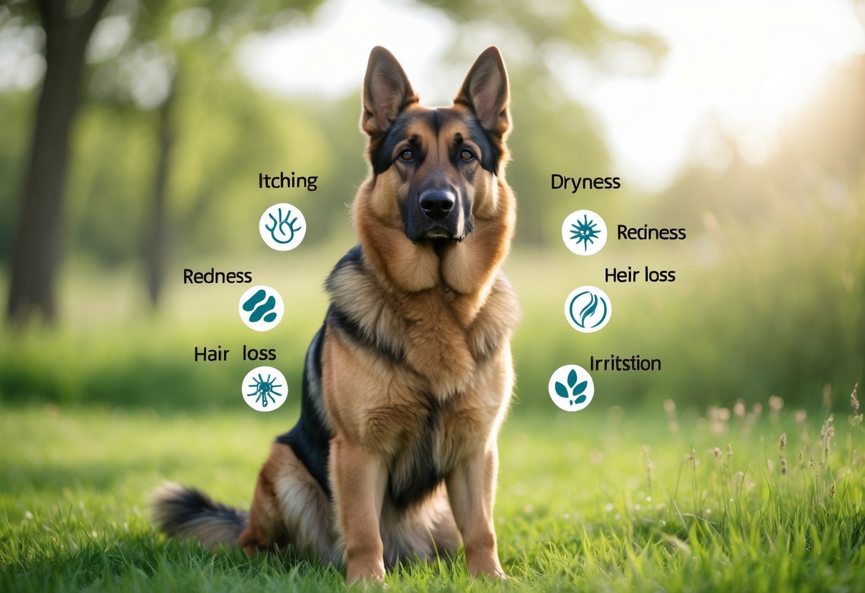 A healthy German Shepherd sitting outdoors on grass with visual icons representing skin problems around it.