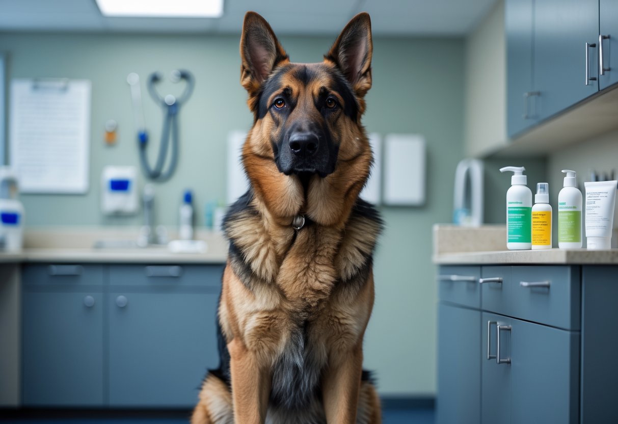 An adult German Shepherd sitting attentively in a veterinary clinic with medical equipment in the background.