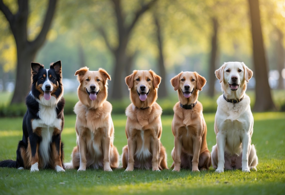 A group of well-behaved dogs sitting attentively outdoors on green grass with trees in the background.