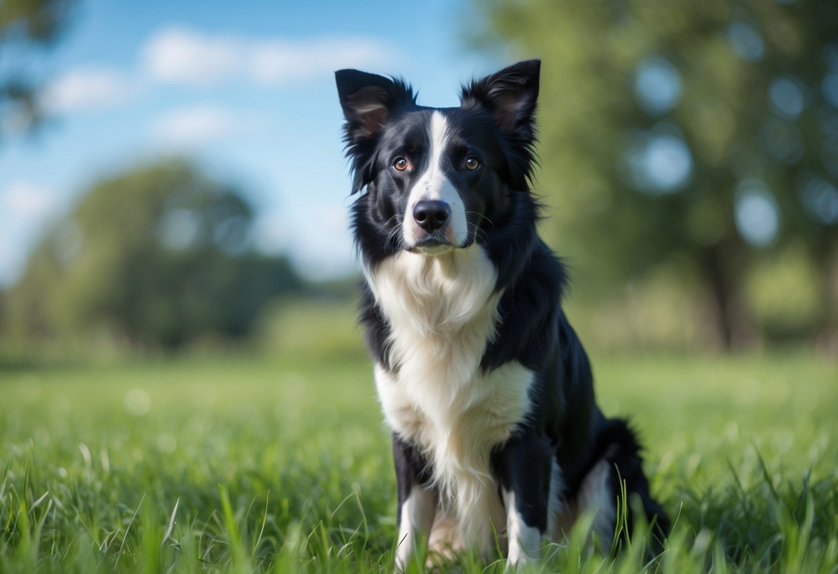 A Border Collie sitting attentively on green grass with a blurred natural background.