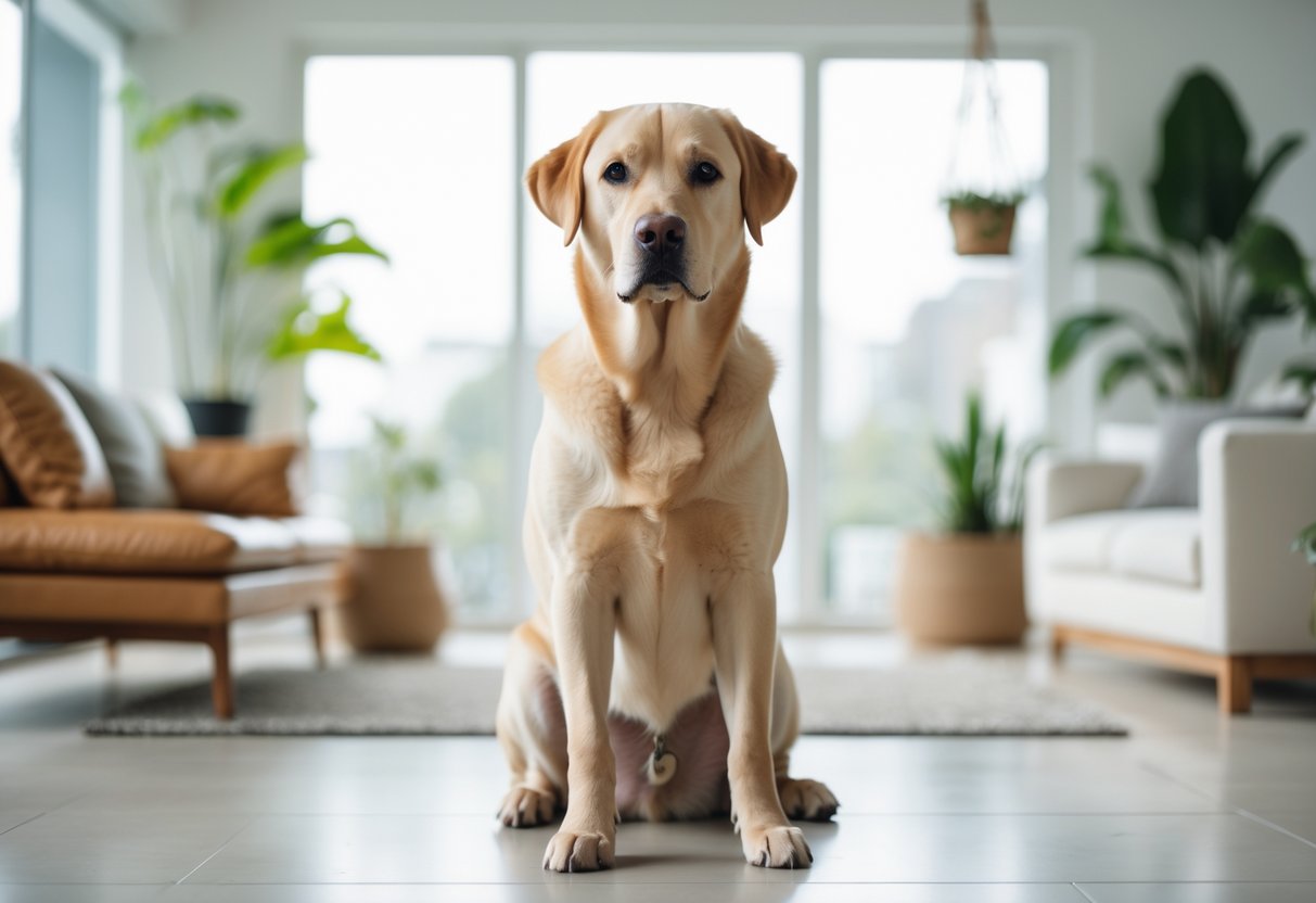 A golden Labrador Retriever sitting attentively in a bright living room with natural light and modern furniture.