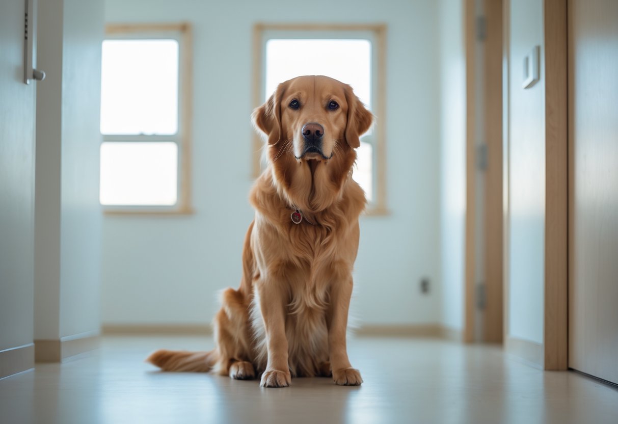 A golden retriever sitting attentively indoors with a calm and focused expression.