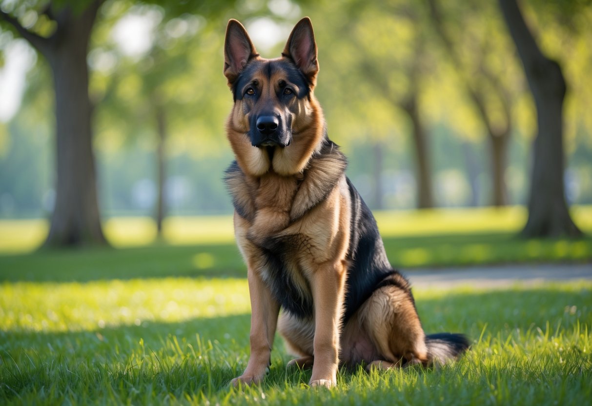 A German Shepherd dog sitting attentively outdoors on green grass with trees in the background.