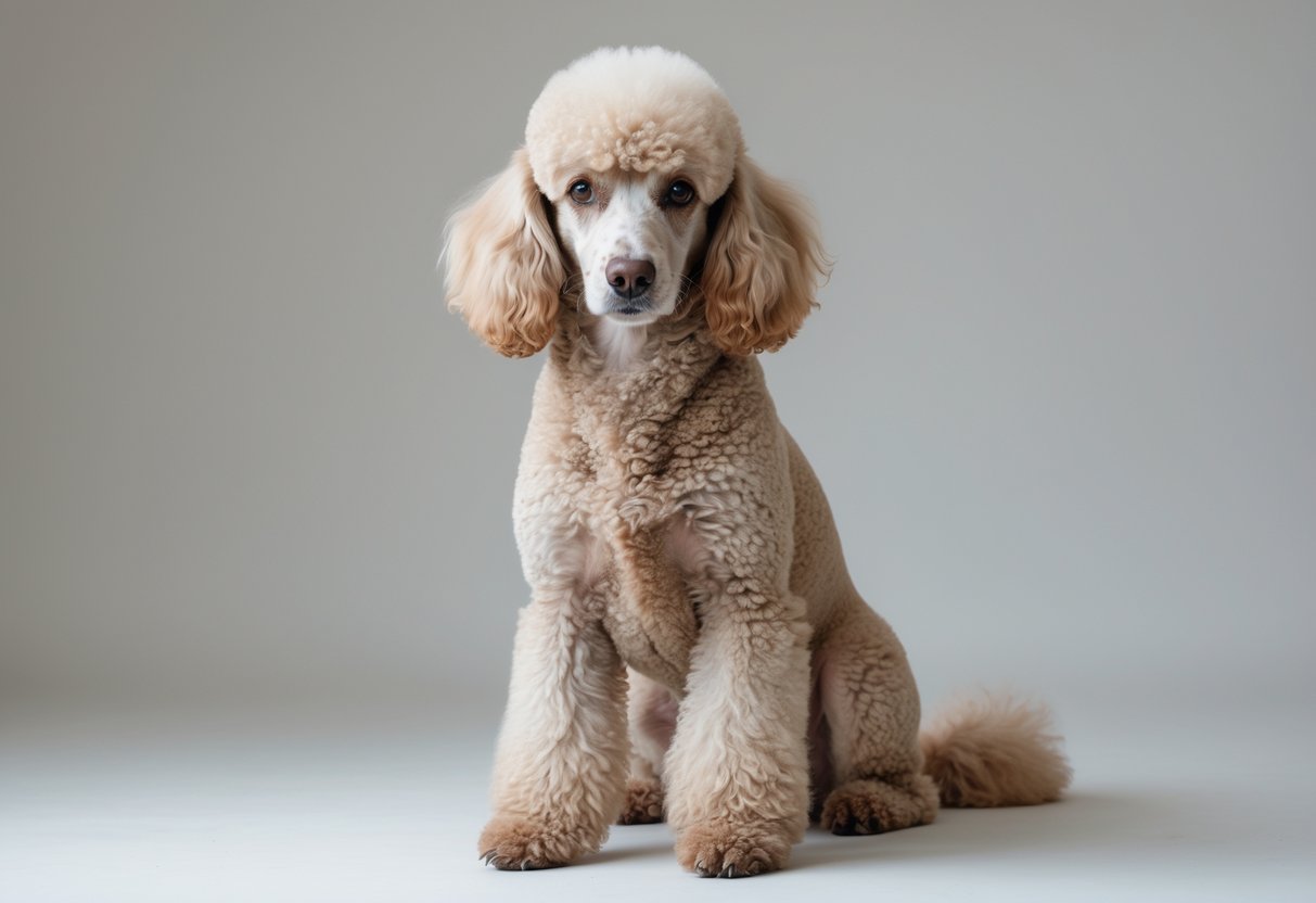 A well-groomed poodle sitting obediently and looking forward.