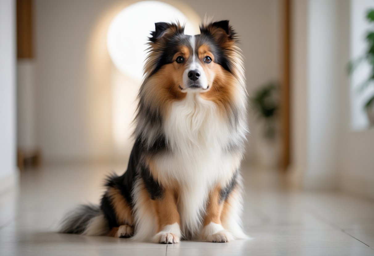 A Shetland Sheepdog sitting attentively indoors, looking directly at the camera.
