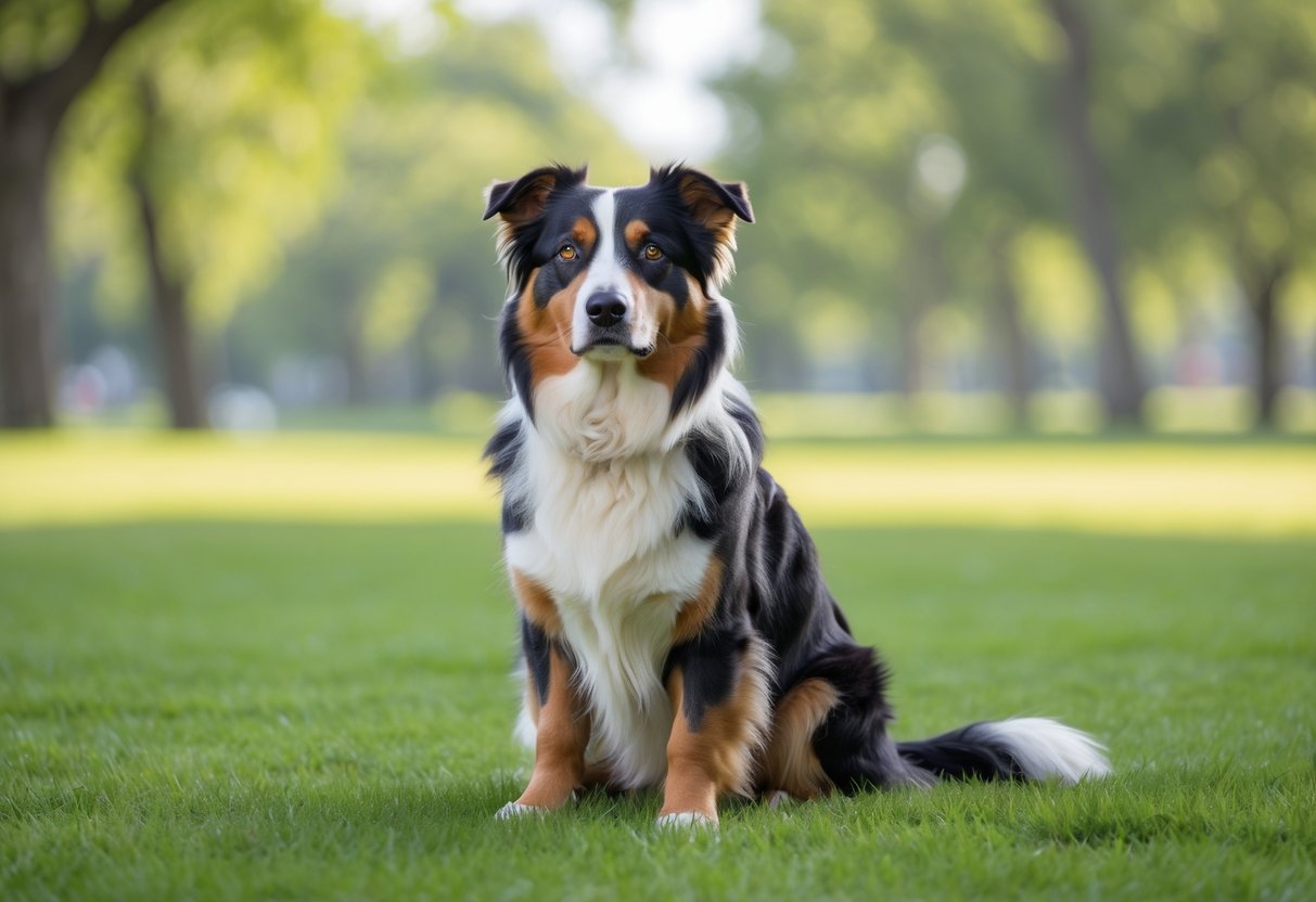 An Australian Shepherd dog sitting obediently on grass in a sunny park with trees in the background.