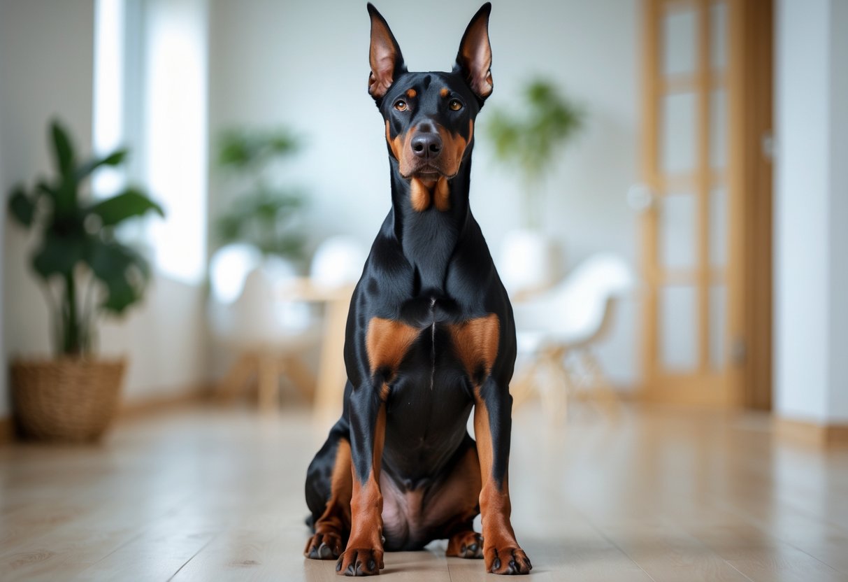 A Doberman Pinscher sitting attentively indoors, looking directly at the camera.