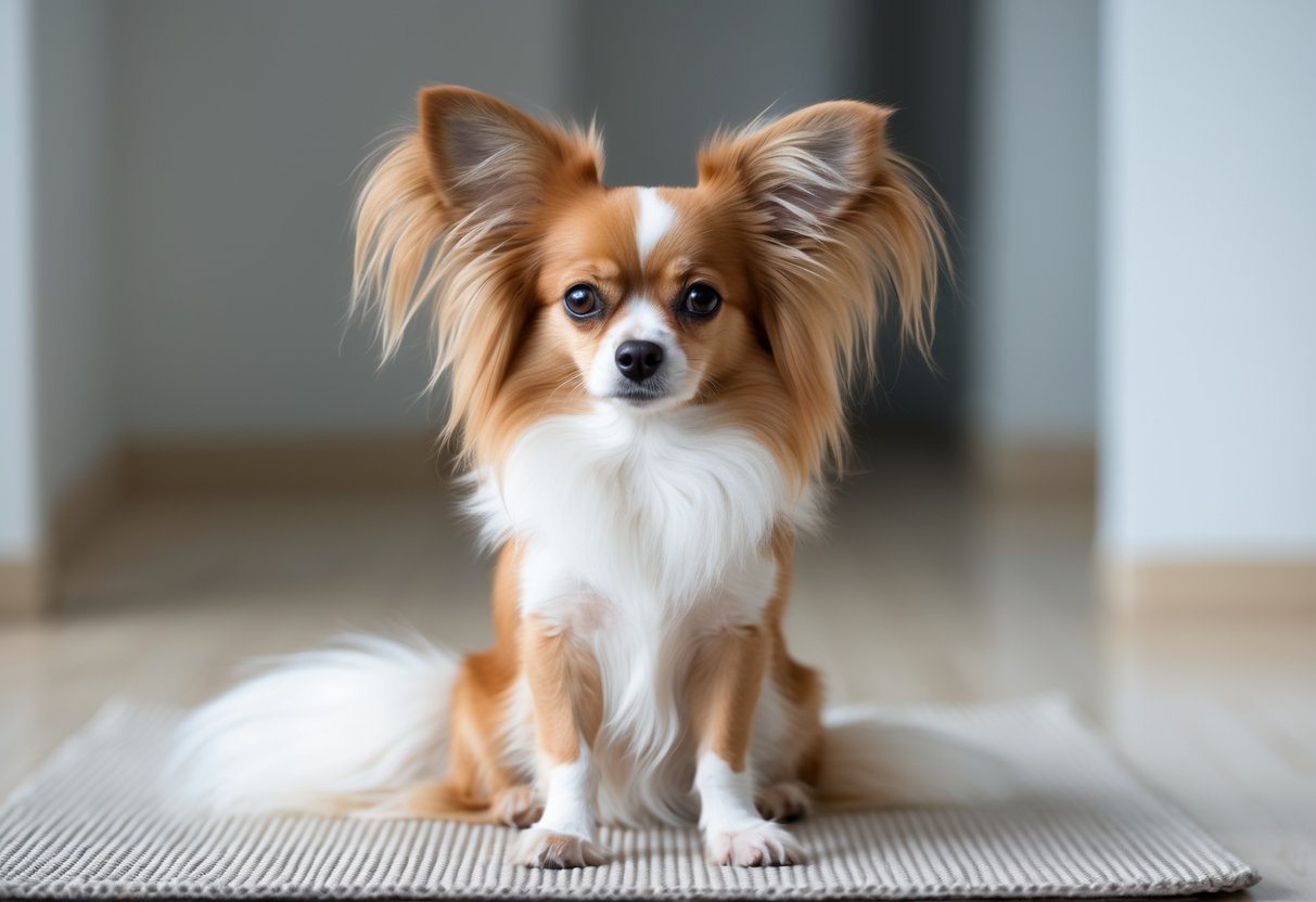 A Papillon dog sitting attentively indoors, looking directly at the camera.