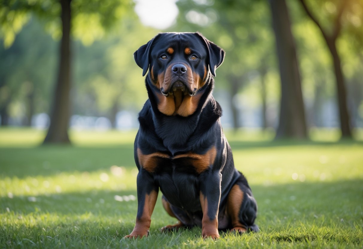 A Rottweiler sitting attentively outdoors on grass with trees in the background.