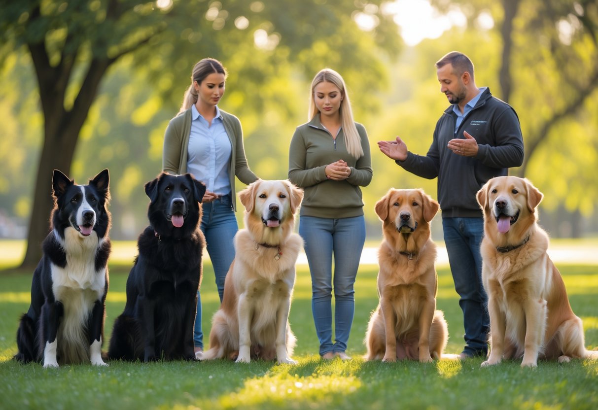 A group of obedient dogs sitting and standing attentively next to their owners in a sunny park.