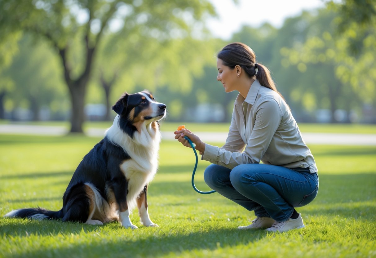 A dog owner kneeling and training a calm, obedient dog outdoors in a green park.