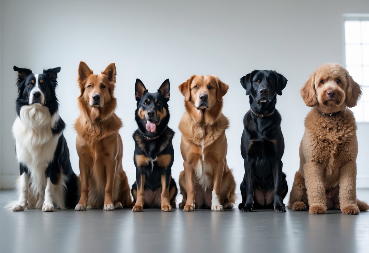Several obedient dogs of different breeds sitting calmly and attentively indoors.