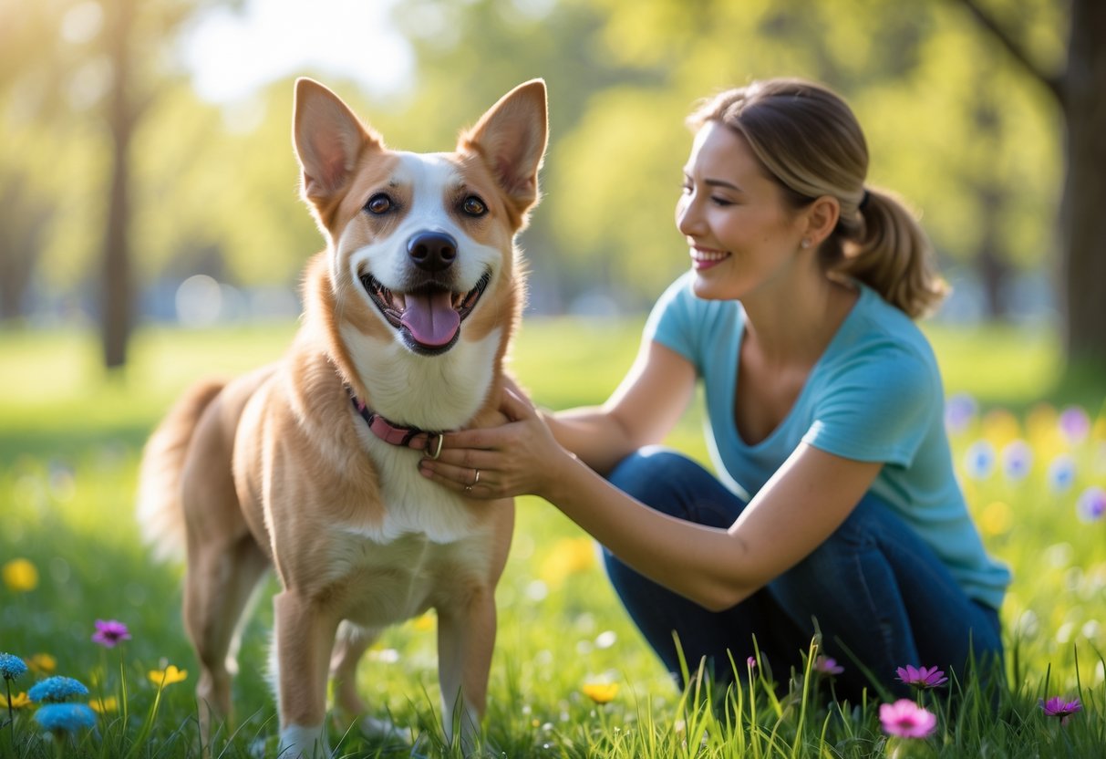 A happy dog with wagging tail and smiling expression being gently petted by a person in a sunny park.
