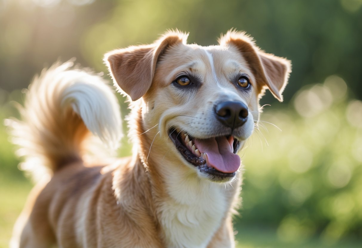 Close-up of a happy dog outdoors wagging its tail gently with a relaxed expression.