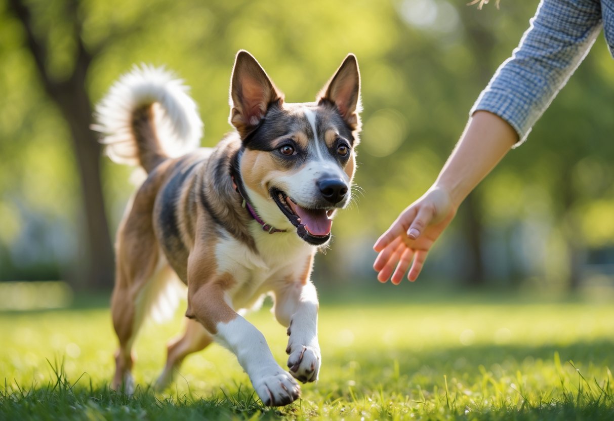 A happy dog playing outdoors in a sunny park, showing excitement and engagement with a person.