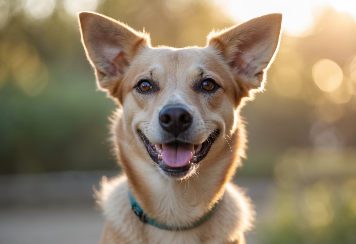 Close-up of a happy dog with relaxed ears held naturally or slightly back, outdoors in a natural setting.