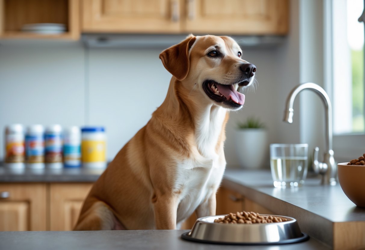 A happy dog sitting next to a filled food bowl in a bright kitchen, looking content and healthy.