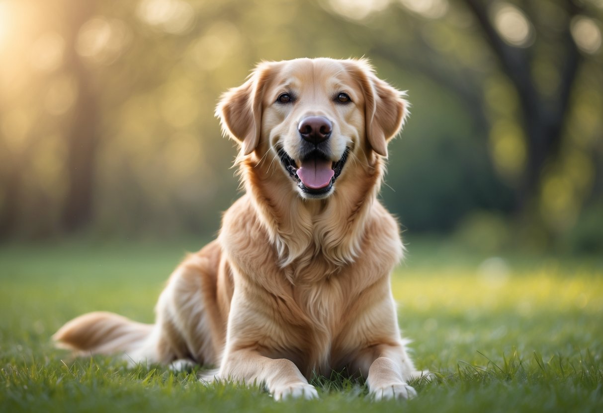 A joyful golden retriever sitting on grass with a relaxed posture and wagging tail in a sunlit outdoor setting.