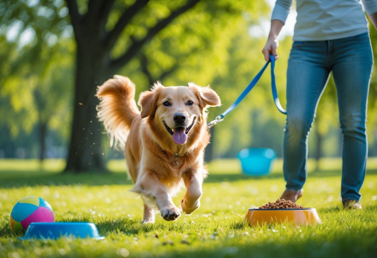 A golden retriever happily running in a green park with a ball, water bowl, and a smiling owner holding a leash.