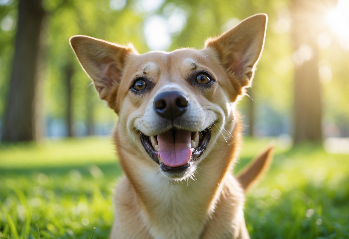 A happy dog outdoors in a green park with a wagging tail and smiling expression.