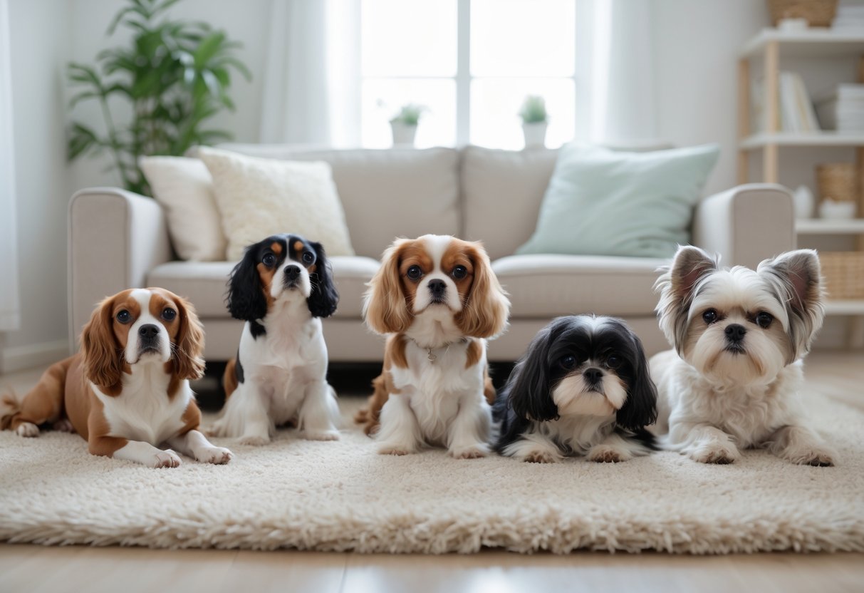 A group of small, calm dogs sitting and lying peacefully in a bright living room.