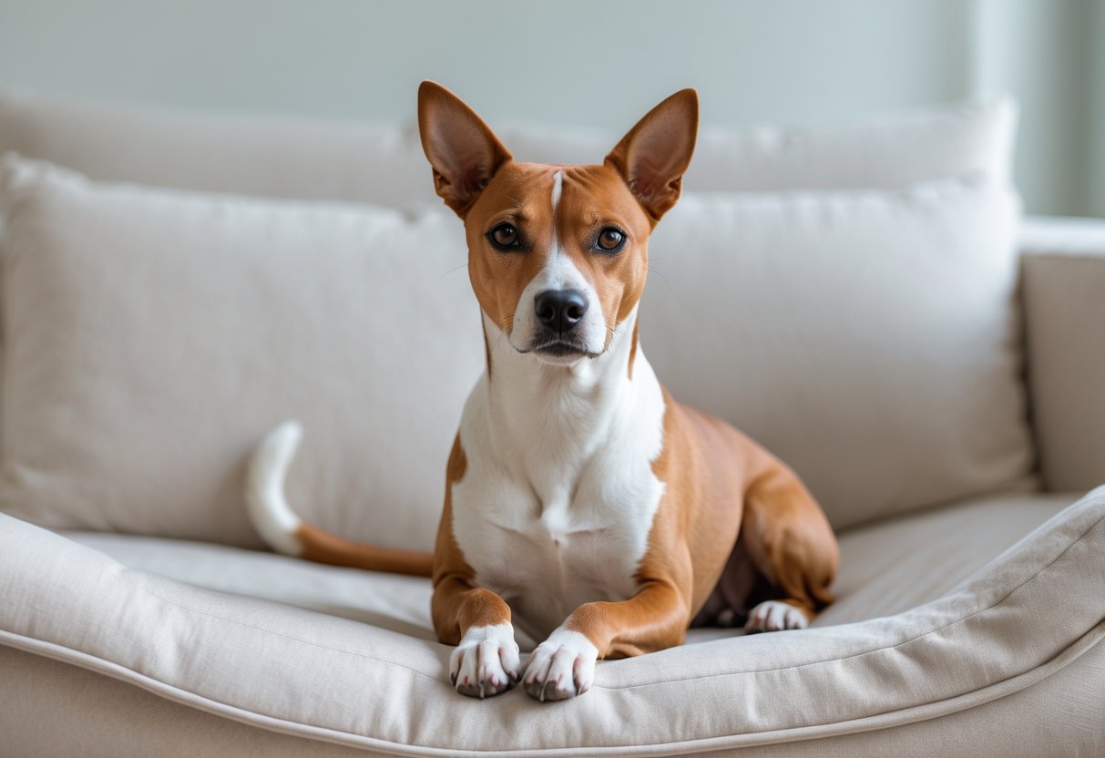 A Basenji dog sitting calmly indoors on a neutral surface with a blurred background.
