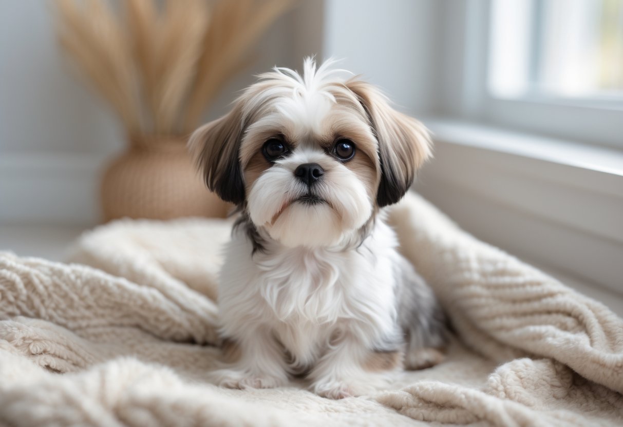 A small Shih Tzu dog sitting calmly on a soft blanket in a bright indoor space.