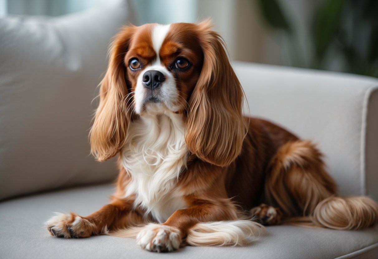 A Cavalier King Charles Spaniel sitting calmly indoors with a soft background.
