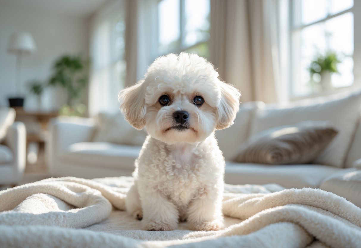 A small white Bichon Frise dog sitting calmly on a white blanket in a bright living room.
