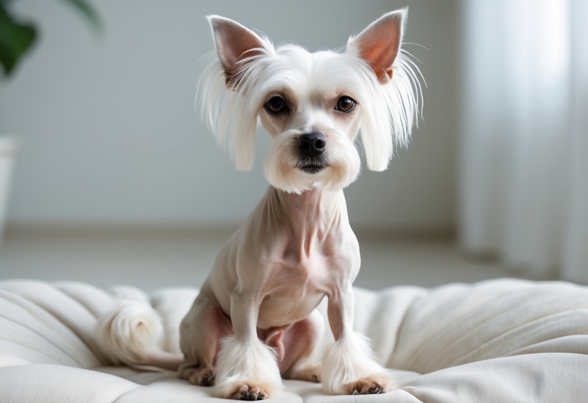 A small Chinese Crested dog sitting calmly on a soft surface indoors with a neutral background.