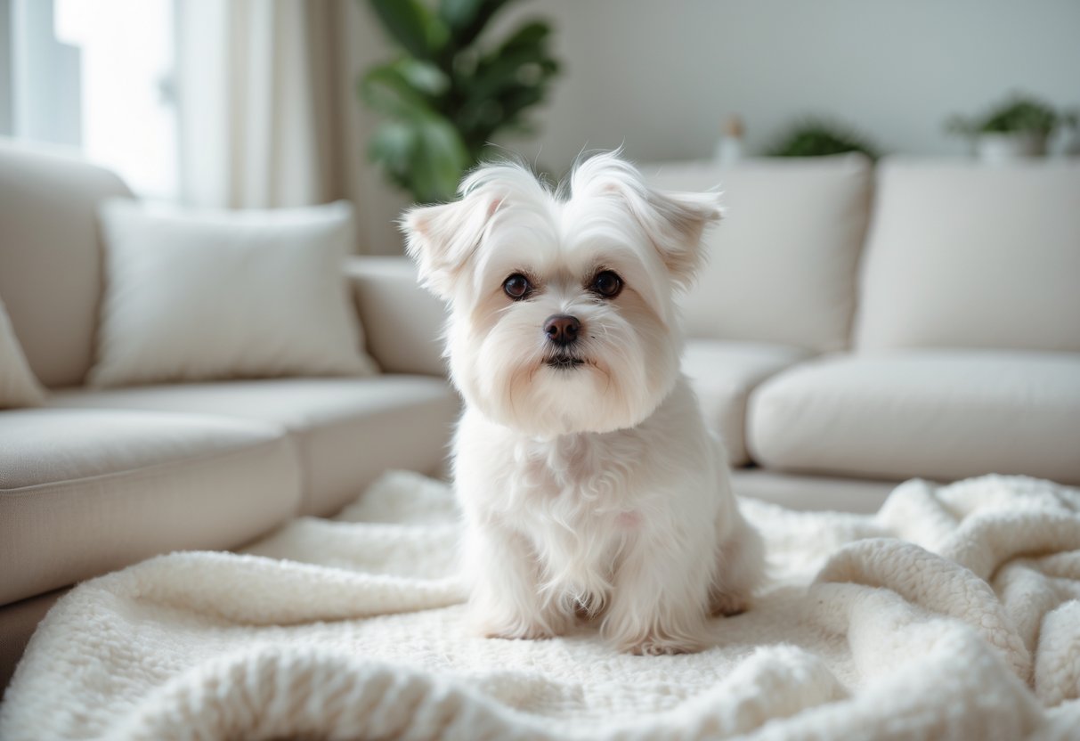 A small white Maltese dog sitting calmly on a white blanket in a cozy living room.