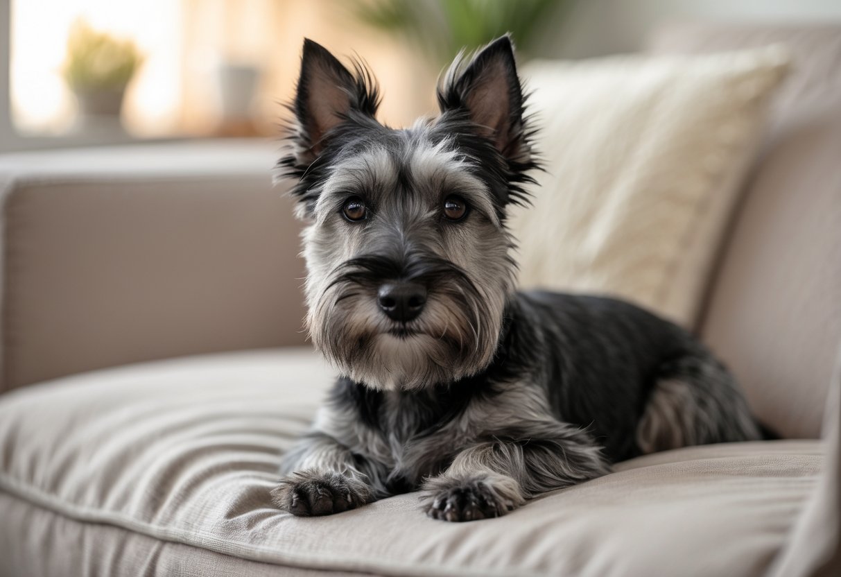 A calm Scottish Terrier dog sitting indoors on a soft surface, looking gently at the camera.