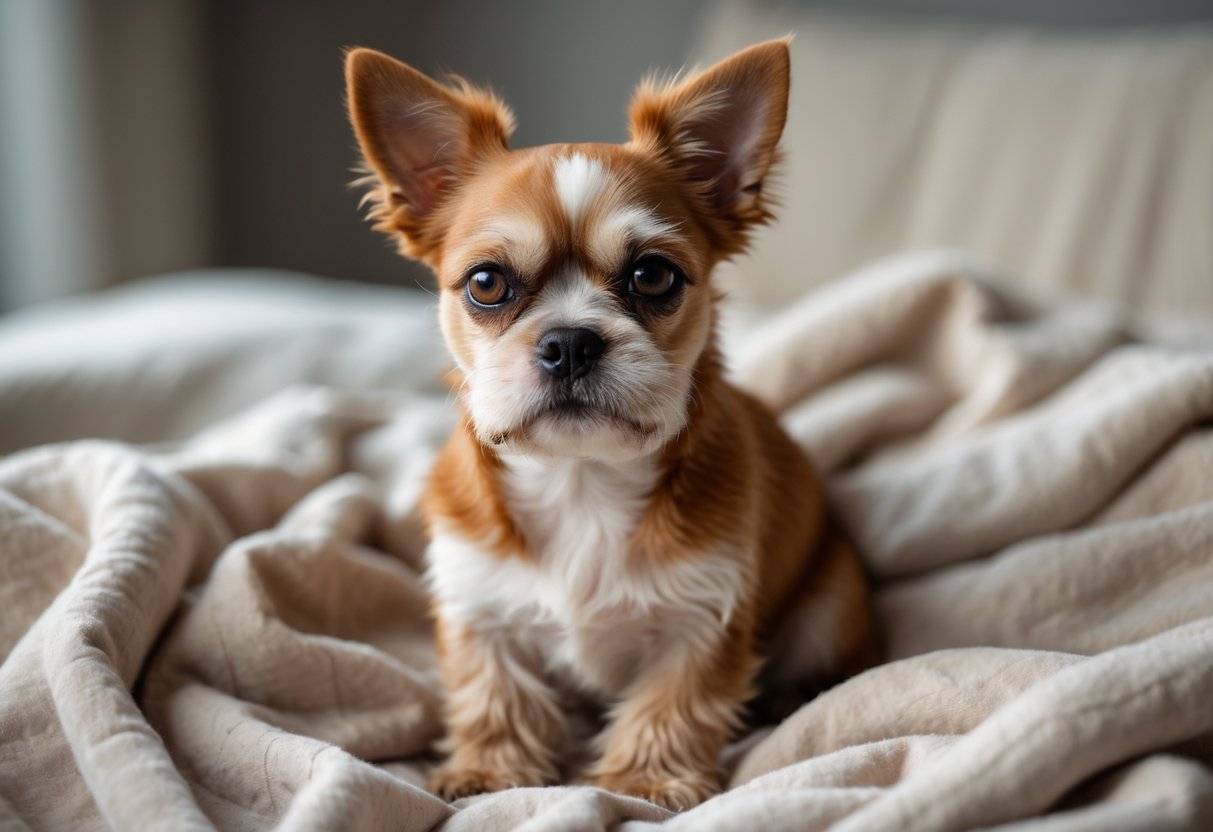 A small Brussels Griffon dog sitting calmly on a blanket indoors.