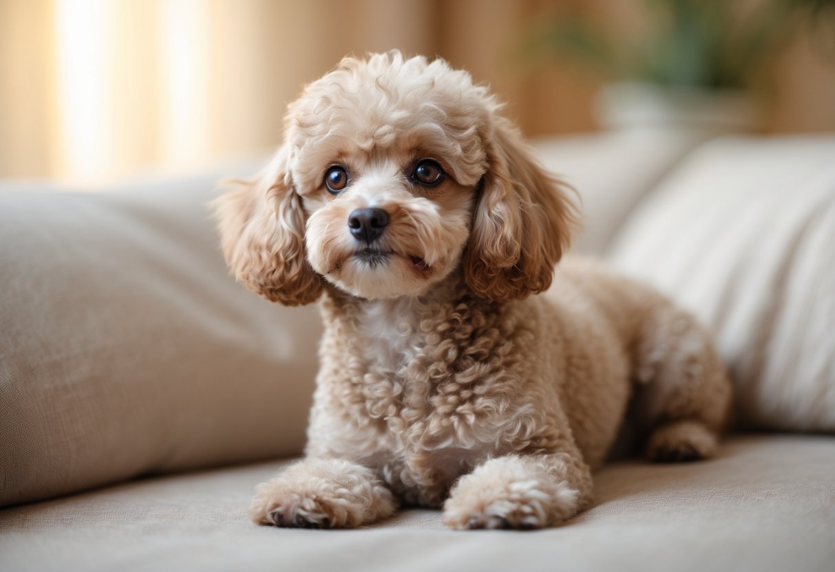 A small Toy or Miniature Poodle sitting calmly with a curly coat and bright eyes on a soft surface indoors.