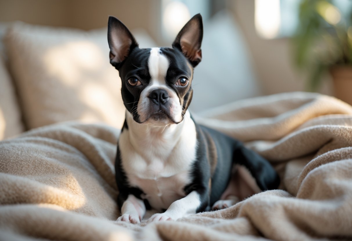 A calm Boston Terrier dog sitting quietly on a soft blanket indoors.